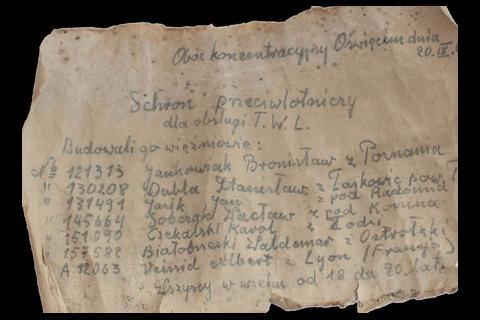 Veissid’s name appears on a note hidden in a concrete wall by workmen while renovating a cellar in Oswiecim, called Auschwitz by the Germans